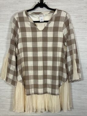 Paisley Vine Cotton Plaid Pieced Flowy Tunic Top Brown Cream Large